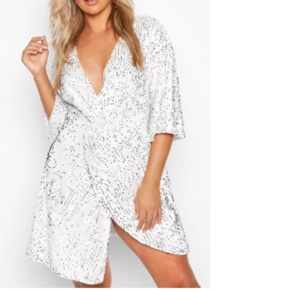 NWT Boohoo Sequin Twist Front Dress in Silver - Size 20